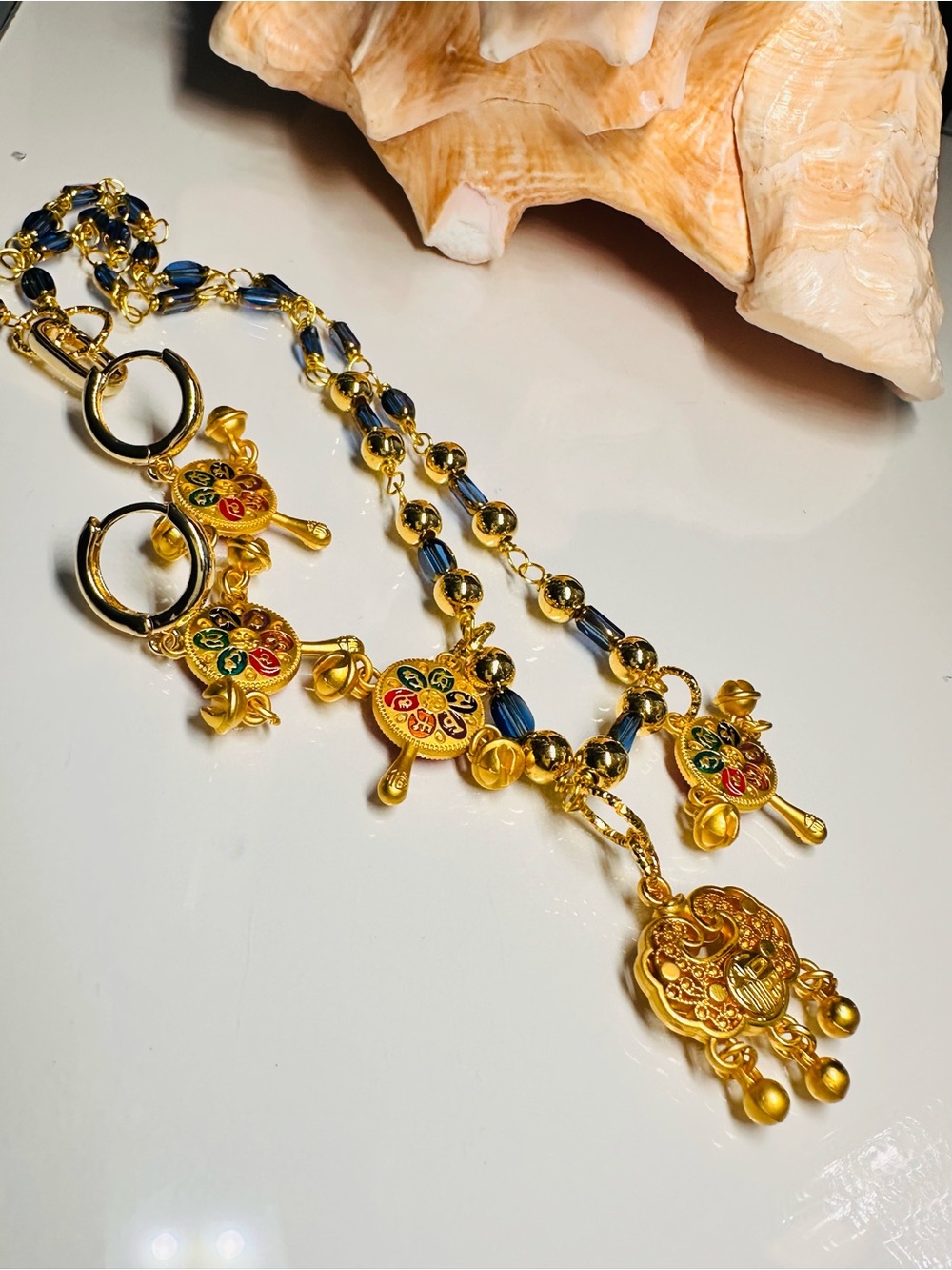 LUCKY AMULETS Multicolor Enamel Pendant Necklace and Earrings Set